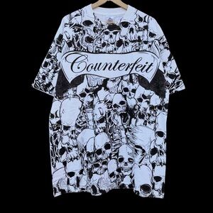 Vintage Y2K Skulls AOP T-Shirt Size XL White/Black Cyber Grunge Gothic